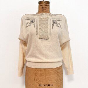 Vintage 80s Anne Klein Cream Lambswool Angora Beaded Batwing Sweater Size Medium